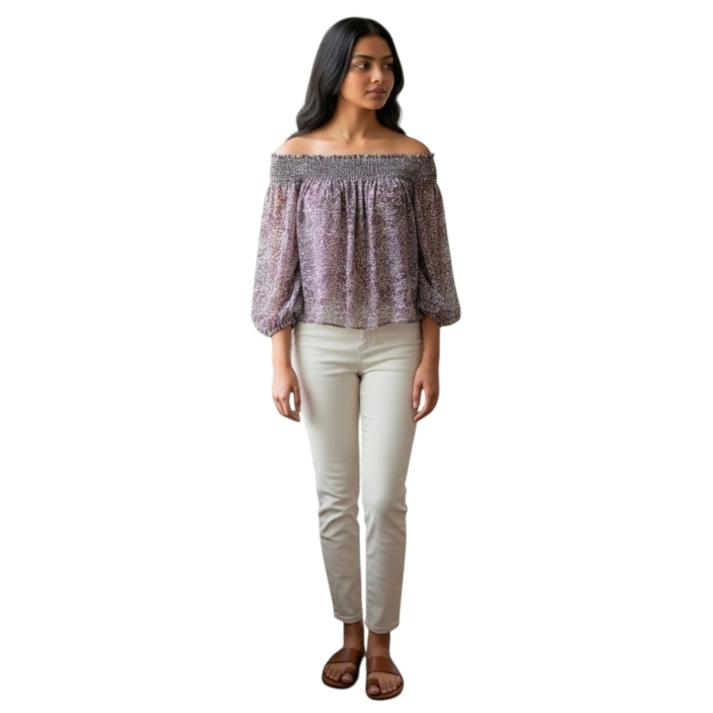 Ann Taylor LOFT Peasant Top Purple Floral Off Shoulder 3/4 Sleeve Shirt XS - Picture 7 of 10